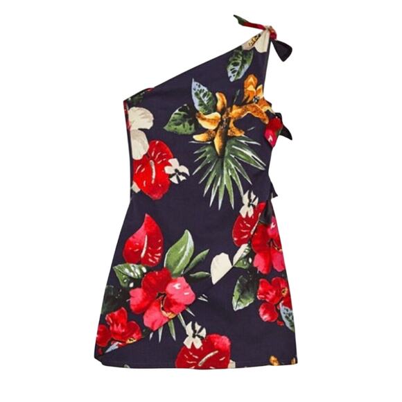 Zara Navy Red White Floral 3 Side Tie One Shoulder Mini Dress Side Zip Medium - Picture 1 of 11